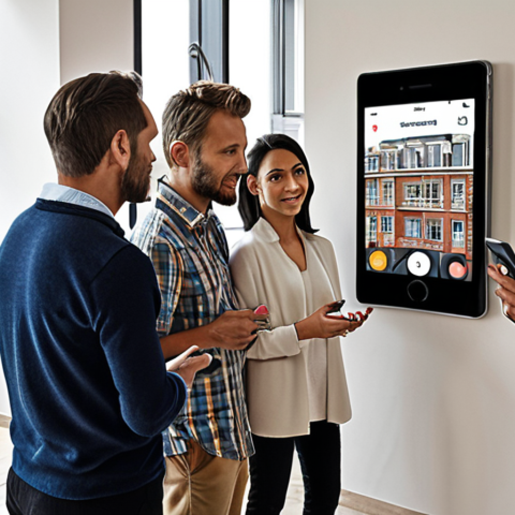 ** A diverse group of apartment residents gathered around a digital display showing building updates, some using smartphones, illustrating improved communication in a modern "copropriété" (condominium). Emphasize collaboration and information sharing.

**