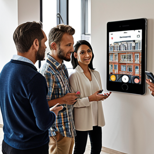 Home 19 ** A diverse group of apartment residents gathered around a digital display showing building updates, some using smartphones, illustrating improved communication in a modern "copropriété" (condominium). Emphasize collaboration and information sharing.
**
