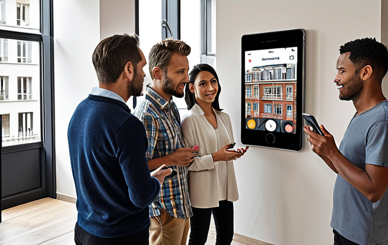 ** A diverse group of apartment residents gathered around a digital display showing building updates, some using smartphones, illustrating improved communication in a modern "copropriété" (condominium). Emphasize collaboration and information sharing.
**