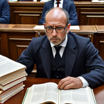**

A candidate overwhelmed by books and documents related to French territorial administration, public finance, and law. The scene should convey the feeling of realizing the initial knowledge is insufficient for the "Administrateur Territorial" exam. Include elements like legal textbooks, "Journal Officiel" copies, and parliamentary reports strewn around.

**