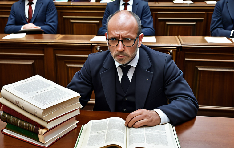 **
A candidate overwhelmed by books and documents related to French territorial administration, public finance, and law. The scene should convey the feeling of realizing the initial knowledge is insufficient for the "Administrateur Territorial" exam. Include elements like legal textbooks, "Journal Officiel" copies, and parliamentary reports strewn around.
**