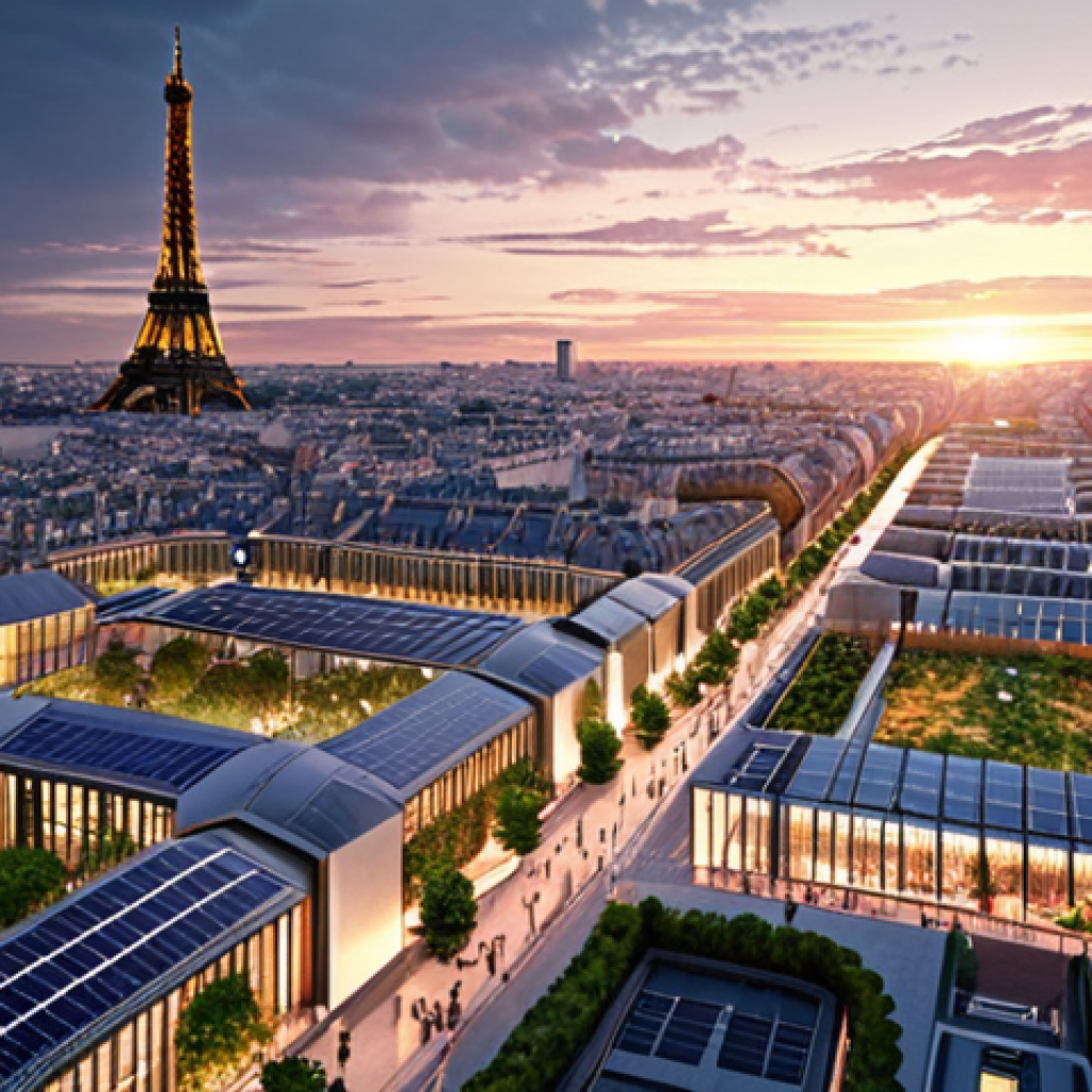 **Prompt:** "A futuristic 'Smart City' cityscape in Paris at dusk, featuring interconnected buildings with visible data streams flowing between them. Incorporate elements like solar panels, green roofs, and interactive public spaces. Focus on conveying a sense of technological advancement and sustainability, with a Parisian aesthetic. Style: Photorealistic, with a touch of science fiction. Keywords: Smart City, Ville Intelligente, Gestion Immobilière Publique, Paris, Innovation."