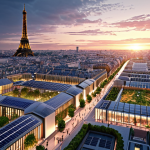 **Prompt:** "A futuristic 'Smart City' cityscape in Paris at dusk, featuring interconnected buildings with visible data streams flowing between them. Incorporate elements like solar panels, green roofs, and interactive public spaces. Focus on conveying a sense of technological advancement and sustainability, with a Parisian aesthetic. Style: Photorealistic, with a touch of science fiction. Keywords: Smart City, Ville Intelligente, Gestion Immobilière Publique, Paris, Innovation."