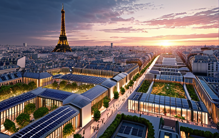 **Prompt:** "A futuristic 'Smart City' cityscape in Paris at dusk, featuring interconnected buildings with visible data streams flowing between them. Incorporate elements like solar panels, green roofs, and interactive public spaces. Focus on conveying a sense of technological advancement and sustainability, with a Parisian aesthetic. Style: Photorealistic, with a touch of science fiction. Keywords: Smart City, Ville Intelligente, Gestion Immobilière Publique, Paris, Innovation."