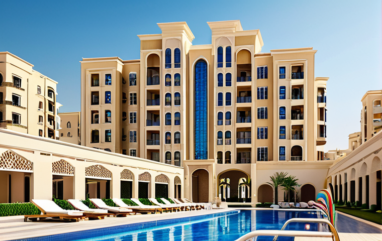 **
A modern, sun-drenched apartment complex in Dubai, featuring luxury amenities and a diverse group of residents enjoying the pool area. The overall feel is upscale and international, reflecting the opportunities for real estate managers in global markets. Focus on showcasing the architectural details and the vibrant atmosphere.
**