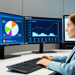 A focused female public administration professional in a modest business suit, sitting at a desk in a modern, secure public administration office. She is actively analyzing complex data visualizations on large digital screens, displaying charts and graphs related to public policy outcomes. The background features subtle digital infrastructure elements, emphasizing cybersecurity and data integrity. The scene is well-lit and conveys an atmosphere of innovation and strategic thinking, fully clothed, appropriate attire, safe for work, perfect anatomy, correct proportions, natural pose, professional dress, well-formed hands, proper finger count, natural body proportions, high-quality professional photography, family-friendly.