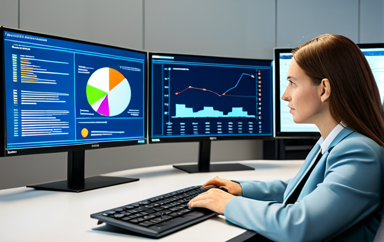 A focused female public administration professional in a modest business suit, sitting at a desk in a modern, secure public administration office. She is actively analyzing complex data visualizations on large digital screens, displaying charts and graphs related to public policy outcomes. The background features subtle digital infrastructure elements, emphasizing cybersecurity and data integrity. The scene is well-lit and conveys an atmosphere of innovation and strategic thinking, fully clothed, appropriate attire, safe for work, perfect anatomy, correct proportions, natural pose, professional dress, well-formed hands, proper finger count, natural body proportions, high-quality professional photography, family-friendly.