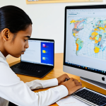 A focused professional student, fully clothed in modest, comfortable yet appropriate attire, deeply engaged in active learning at a meticulously organized study desk. The desk features neatly arranged notes, a laptop displaying a complex mind map, and a set of flashcards. The background is a bright, modern study room bathed in natural light, suggesting an ideal learning environment. The subject maintains a natural pose, conveying deep concentration and dedication. Perfect anatomy, correct proportions, natural body proportions, well-formed hands, proper finger count. Safe for work, appropriate content, fully clothed, professional.