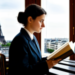 The Aspiring Public Servant**

A young, determined woman in her late 20s, dressed in a *tailleur* (business suit) – fully clothed and appropriate attire – studying intently in a brightly lit Parisian café. Books on *droit administratif* (administrative law) and *économie publique* (public economics) are open before her. In the background, the iconic silhouette of the Eiffel Tower is visible through the window. Safe for work, perfect anatomy, correct proportions, professional, family-friendly, high quality. The scene conveys dedication, intelligence and ambition.

**