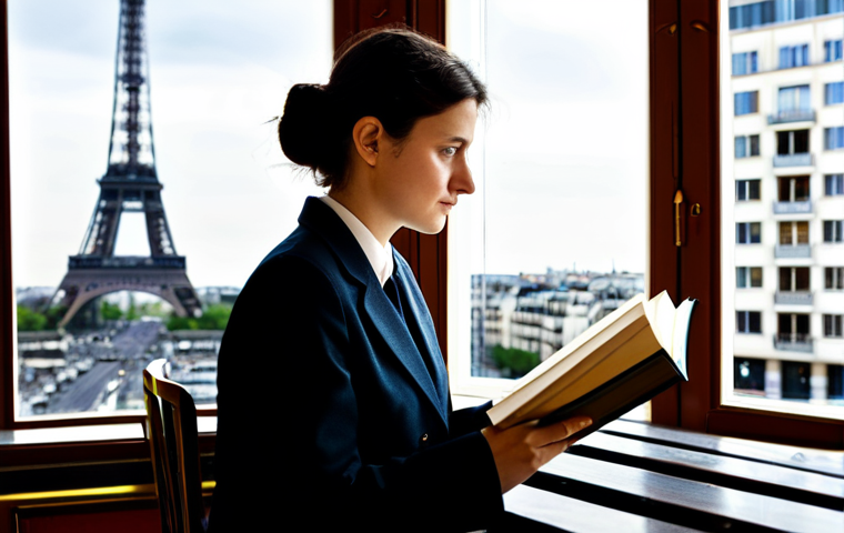 The Aspiring Public Servant**
A young, determined woman in her late 20s, dressed in a *tailleur* (business suit) – fully clothed and appropriate attire – studying intently in a brightly lit Parisian café. Books on *droit administratif* (administrative law) and *économie publique* (public economics) are open before her. In the background, the iconic silhouette of the Eiffel Tower is visible through the window. Safe for work, perfect anatomy, correct proportions, professional, family-friendly, high quality. The scene conveys dedication, intelligence and ambition.
**