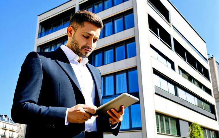 Modern Apartment Building Management**

"A professional property manager, fully clothed in a modest business suit, is reviewing building plans on a tablet in front of a modern Parisian apartment building. The background showcases a bright, sunny day with clear blue skies. This is a safe for work, appropriate content, professional scene. Perfect anatomy, correct proportions, well-formed hands, natural pose, high resolution."

**