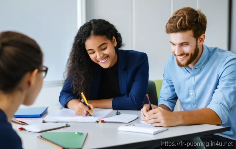 공공관리사 시험 대비를 위한 스터디 그룹 운영 사례 - **Prompt:** A diverse group of three to five young adults, aged 20-30, are actively engaged in a foc...