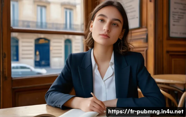 공공관리사 필기 및 실기 준비 팁 - **Prompt:** "A young woman studying at a Parisian cafe. She's wearing a chic, slightly oversized bla...