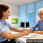 공공관리사 실무에서의 주요 문제와 해결 방법 - A brightly lit, modern 'Maison France Services' (France Services House) interior. A friendly and pat...