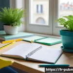 공공관리사 시험 준비 과정에서의 시간 관리 방법 - A bright, modern study room in a French apartment, featuring a young adult student sitting at a tidy...