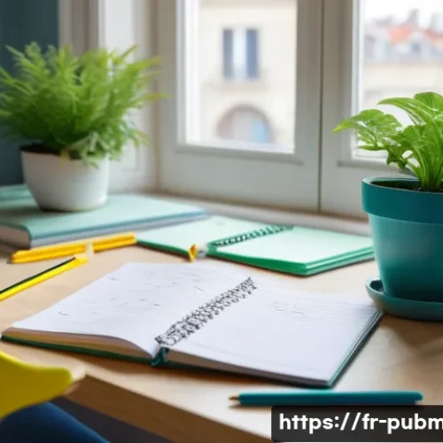 공공관리사 시험 준비 과정에서의 시간 관리 방법 - A bright, modern study room in a French apartment, featuring a young adult student sitting at a tidy...