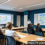 공공관리사 자격증 취득 후의 장기적 성장 가능성 - A professional training session in a modern French public administration office, featuring a diverse...