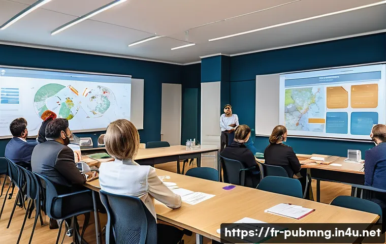 공공관리사 자격증 취득 후의 장기적 성장 가능성 - A professional training session in a modern French public administration office, featuring a diverse...