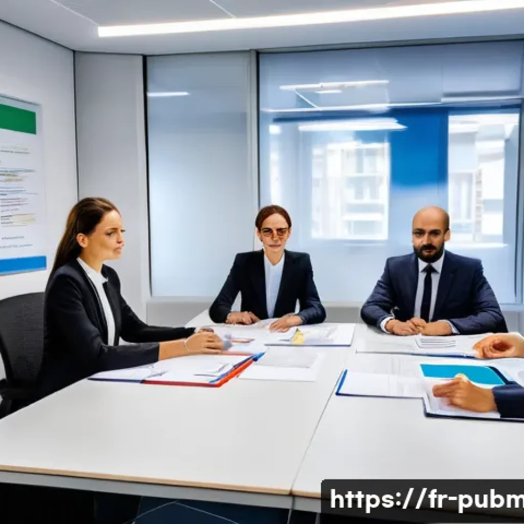 공공관리사 취업 후 자주 묻는 질문 - A professional French public administration office scene showing a diverse group of civil servants i...