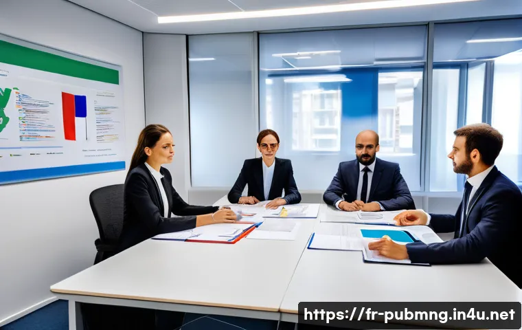공공관리사 취업 후 자주 묻는 질문 - A professional French public administration office scene showing a diverse group of civil servants i...