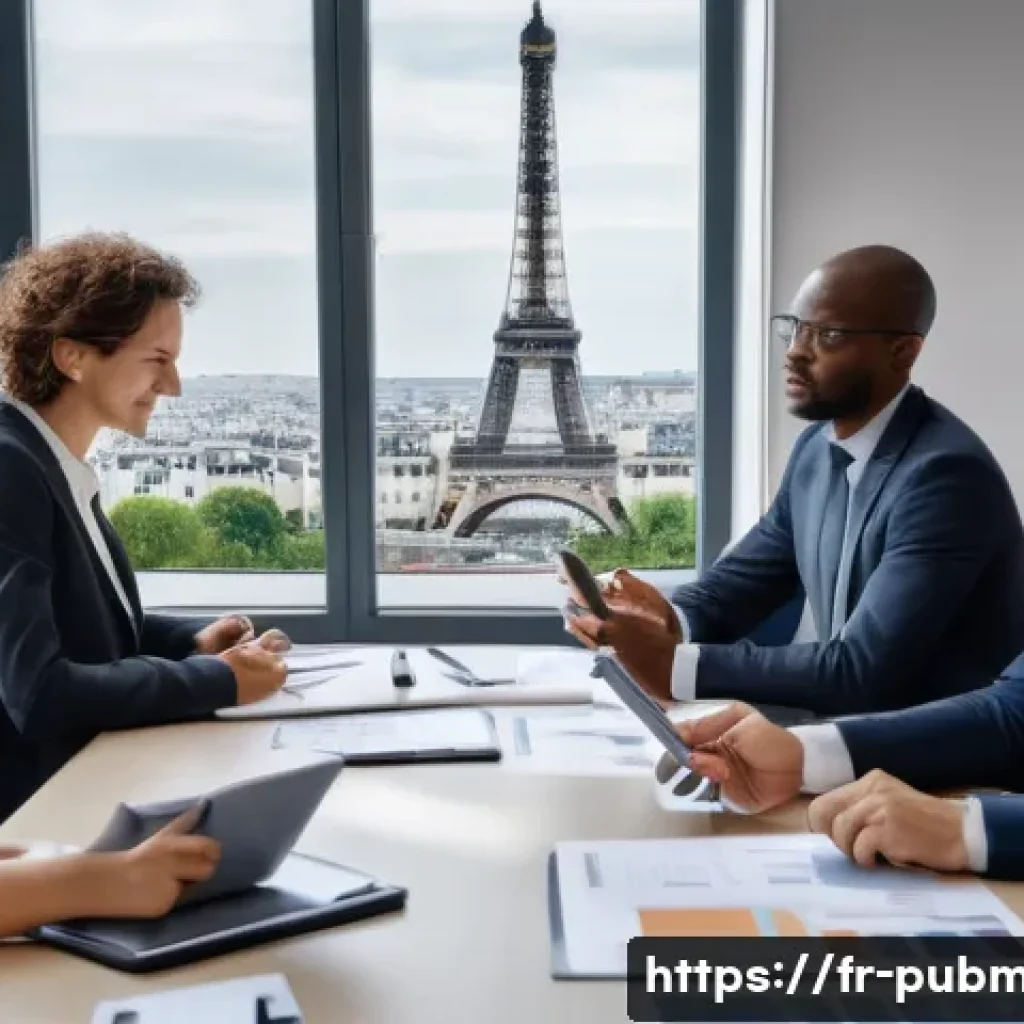 공공관리사 실무 경험을 통해 배우는 교훈 - A diverse group of French public officials in a modern municipal office, engaged in a collaborative ...