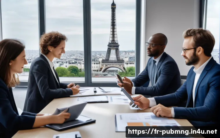 공공관리사 실무 경험을 통해 배우는 교훈 - A diverse group of French public officials in a modern municipal office, engaged in a collaborative ...