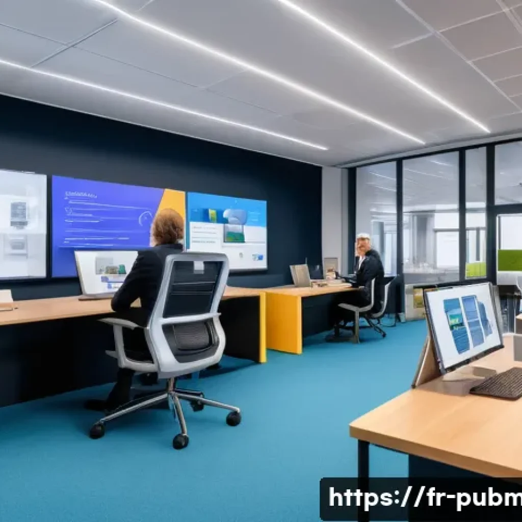 공공관리사 관련 논문 및 연구 자료 - A modern French municipal office interior with diverse public servants collaborating around digital ...