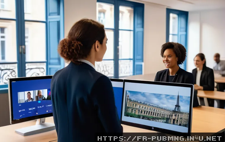 공공관리사 실무에서 필요한 기술과 도구 - A modern French public administration office scene showing diverse civil servants collaborating dyna...
