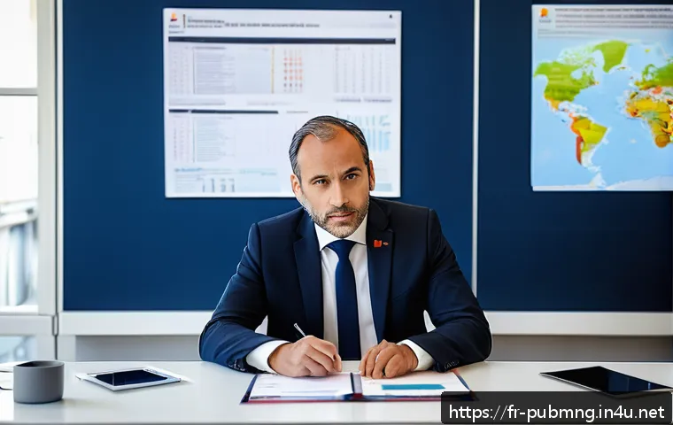 공공관리사와 유사 직업 비교 - A professional public manager in a modern French government office, dressed in business attire with ...