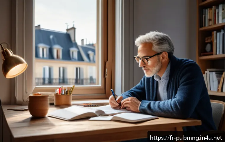 공공관리사 자격증 준비 비용 분석 - A focused French adult candidate studying for the public management exam at a cozy home desk, surrou...