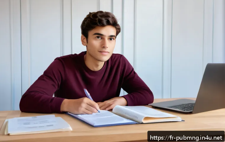공공관리사 실기시험에서 자주 나오는 문제 분석 - A focused young adult candidate sitting at a modern desk in a cozy, well-lit home office, surrounded...