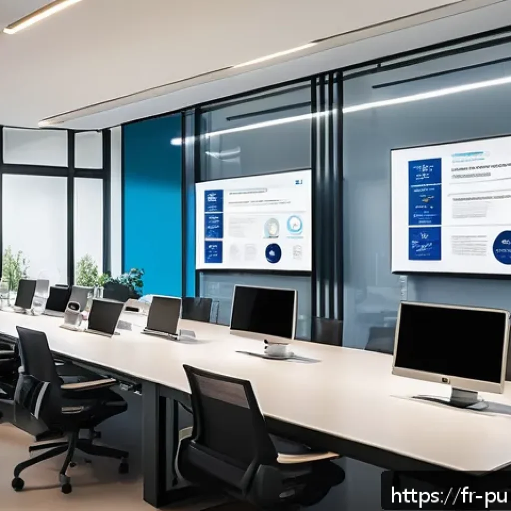 공공관리사와 관련된 법령 및 규정 최신 업데이트 - A modern French public administration office interior showcasing digital transformation: a sleek wor...