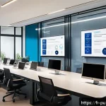 공공관리사와 관련된 법령 및 규정 최신 업데이트 - A modern French public administration office interior showcasing digital transformation: a sleek wor...