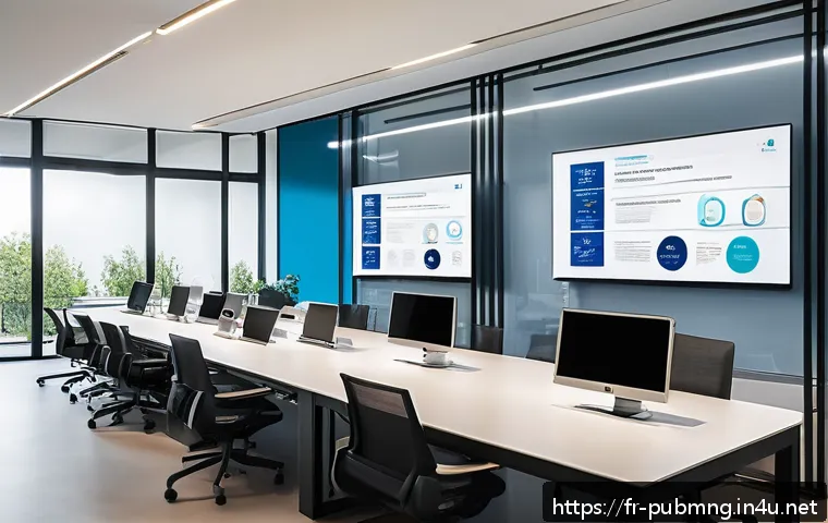 공공관리사와 관련된 법령 및 규정 최신 업데이트 - A modern French public administration office interior showcasing digital transformation: a sleek wor...