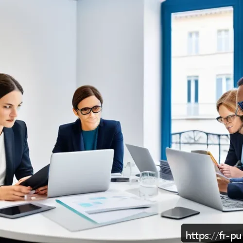 공공관리사 실무와 이론의 균형 유지 방법 - A modern French public administration office scene showing a diverse group of professionals engaged ...