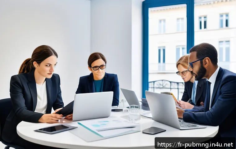 공공관리사 실무와 이론의 균형 유지 방법 - A modern French public administration office scene showing a diverse group of professionals engaged ...