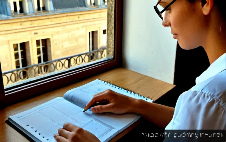 Home 17 공공관리사 최신 기출문제 리뷰 - Photorealistic French public administration exam review scene, focused adult learner at a tidy desk ...