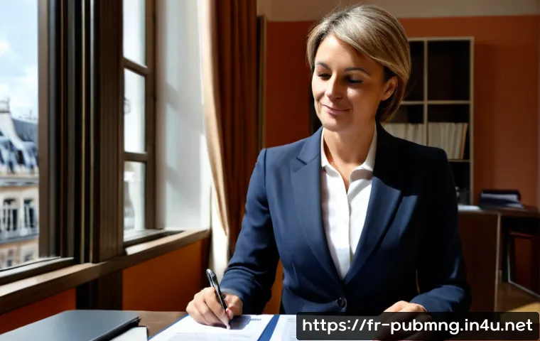 공공관리사 자격증을 통한 경력 확장 가능성 - Photorealistic French public administration career advancement scene, confident middle-aged professi...