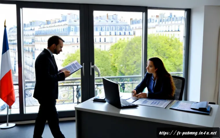 공공관리사 직무와 공공정책의 연관성 - Photorealistic French public administration professional in a bright modern municipal office, review...