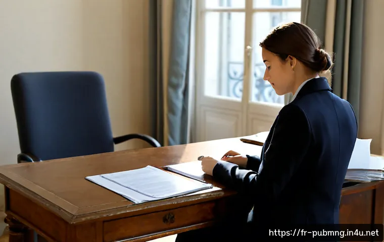 공공관리사 시험 대비 시 모의고사의 중요성 - Photorealistic French public administration exam candidate in a quiet Paris study room, carefully co...