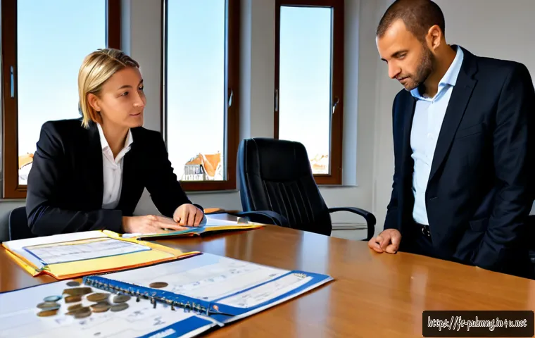 Home 17 공공관리사 직무와 역할의 이해 - Photorealistic French public sector manager in a bright municipal office, thoughtfully reviewing a c...