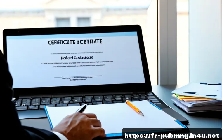 공공관리사 취업 후 필요한 자격증 - Photorealistic French municipal public management professional at a tidy office desk, comparing seve...